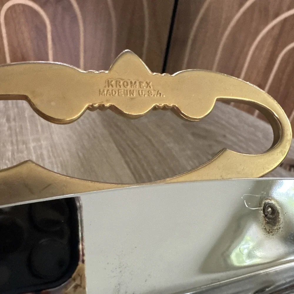 Vintage Kromex Serving Tray Gold Handle Chrome Plated Platter 17